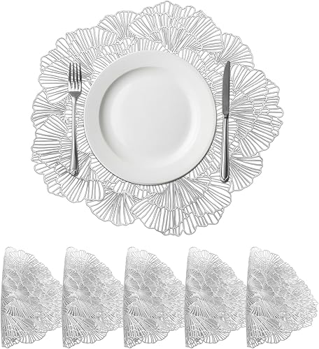 Miniatura 13 de uxcell Juego de 6 manteles individuales redondos de flores rosas para mesas de cena, manteles individuales metálicos de polivinilo prensado,