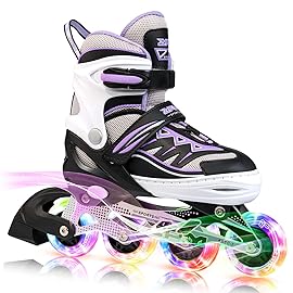 2PM SPORTS Cytia Pink Girls Adjustable Illuminating Inline Skates with Light up Wheels, Fun Flashing Beginner Roller Skates for Kids (Purple, Large - Youth (3-6 US))