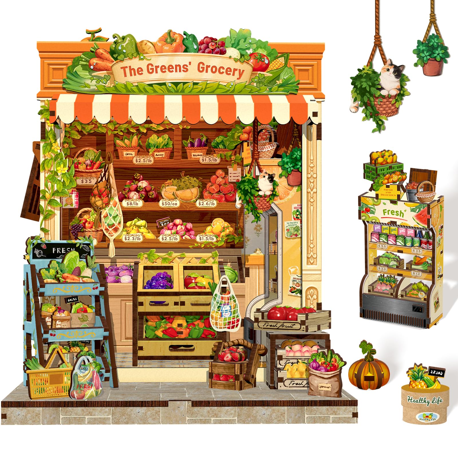 Cutefun Book Nook Kit - Case delle bambole DIY con Luci LED - Miniatura 3D Fai da Te per Decorazione e Collezione, Appassionati di Puzzle (The Greens' Grocery)