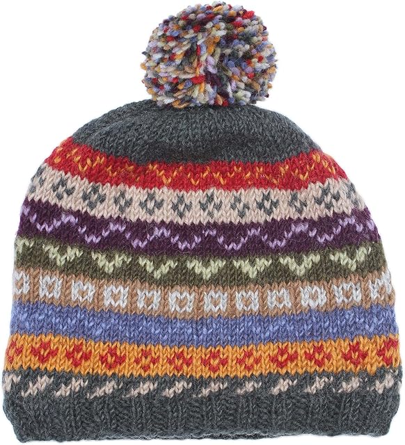 Women Wool Beanie Bobble Hat Fleece Lined Unique Hand Knit Fair Isle Multicoloured One-Size Handmade Extra Warm Pachamama Fair Trade
