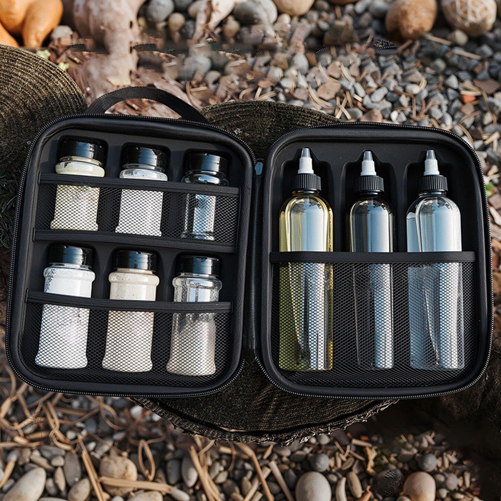Qianly Kit de 11 Tarros de Especias para Camping, Estuche Rígido de EVA para Senderismo, Barbacoas, Hogar Y Exteriores