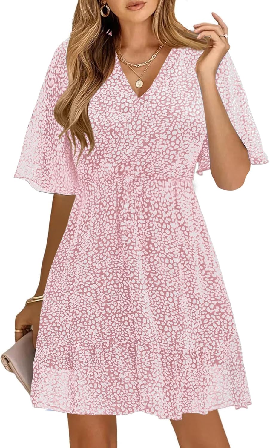 KIRUNDO Womens Summer Dresses 2026 Casual Spring Short Sleeve V Neck Ruffle Floral Print High Waist Belted Flowy Mini Dress