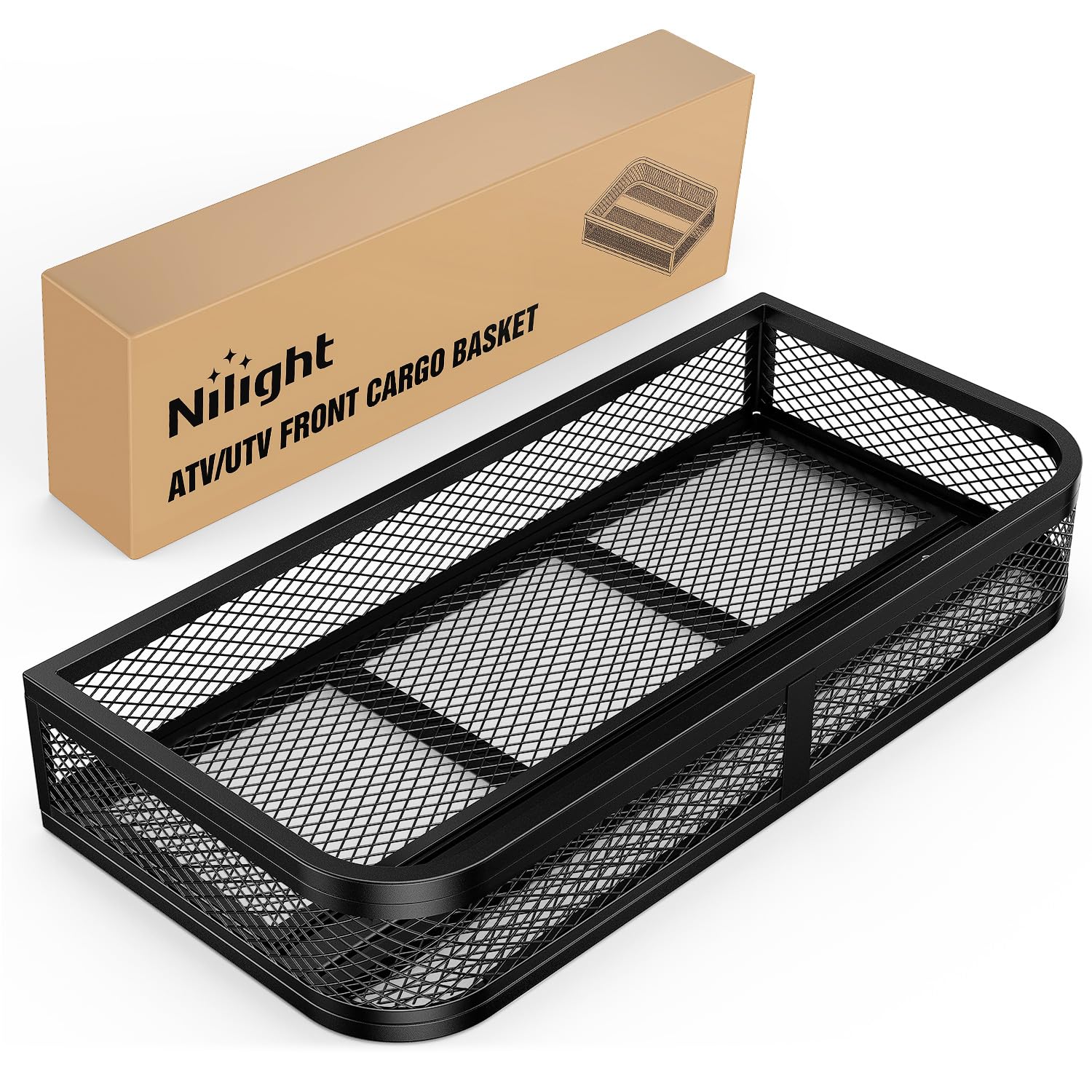 Nilight ATV Front Cargo Basket, 17" W x 36" L x 6.3" H Racks and Baskets with Steel Mesh Frame, Heavy Duty ATV Storage Cargo Box Attachments for Luggage Carrier