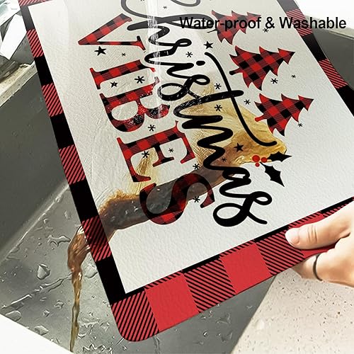 Miniatura 5 de LNOND Juego de 4 manteles individuales y posavasos rojos de Navidad, tapetes de café a cuadros rojos y negros, resistentes al calor, lavables y