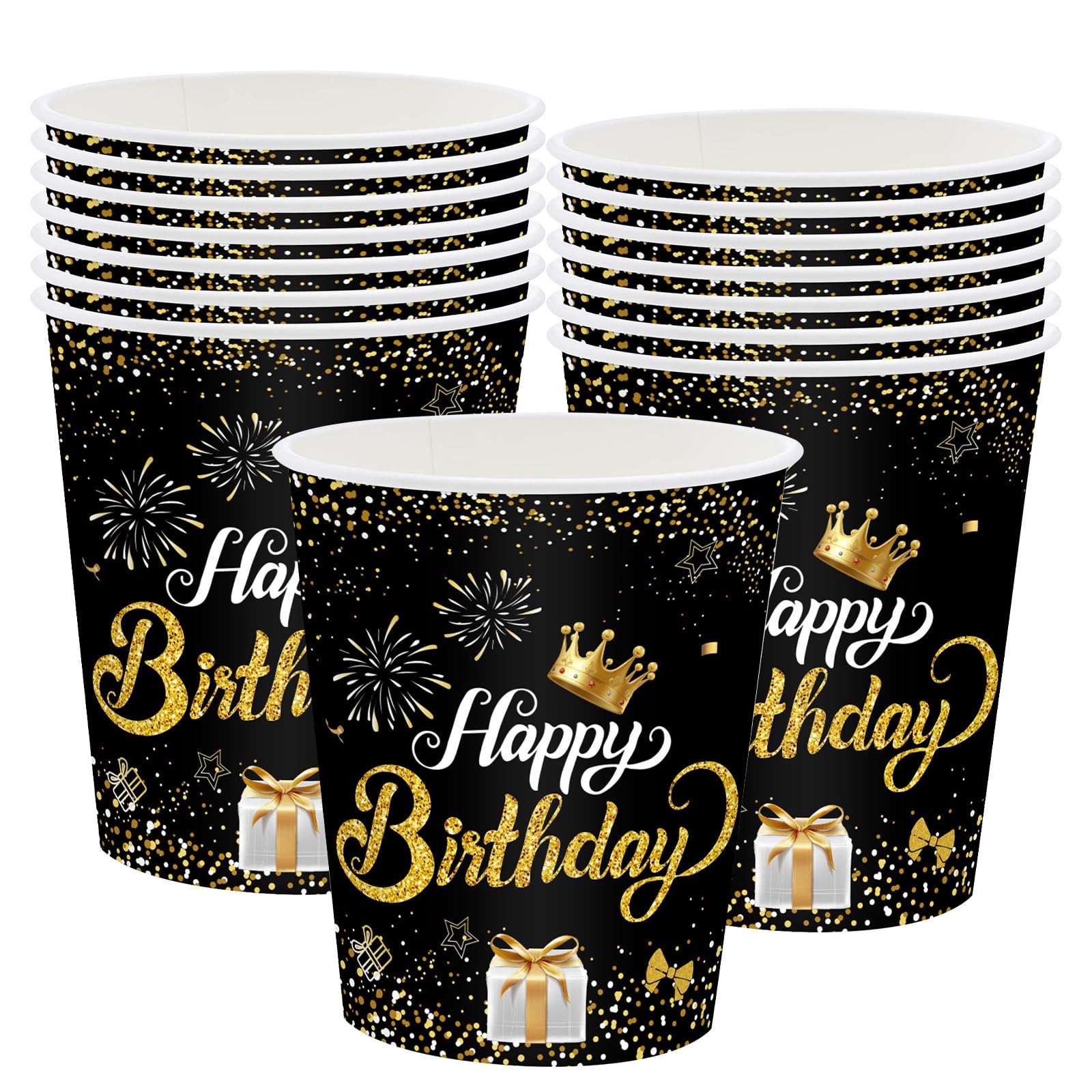 MOMAHUA 16Pcs Birthday Cups,9oz/250ml Black Gold Paper Party Cups for Men Women Her Him,Birthday Party Supplies Table Decors