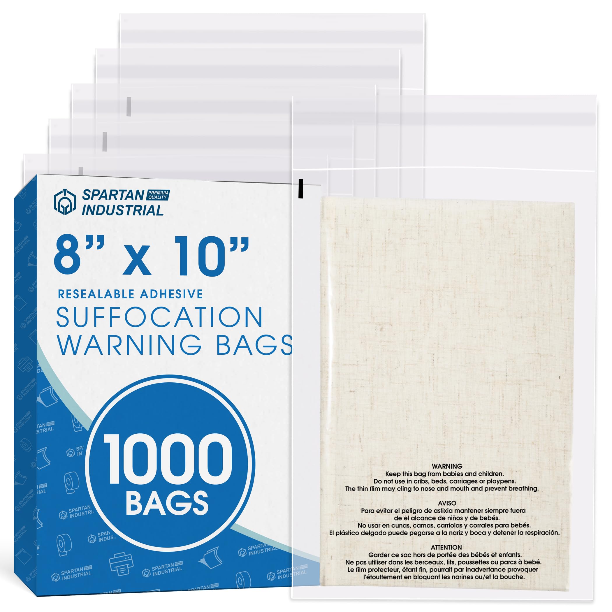 Spartan Industrial - 8” X 10” (1000 Count) Self Seal Clear Poly Bags with Suffocation Warning for Packaging, T Shirts - Resealable Glue