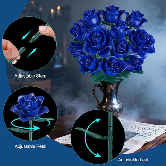 Flowers Bouquet Building Set, 634 PCS Adjustable Leaves & Petals, DIY Artificial Blue Roses Block Kit for Kids Birthday Christmas, Adults Valentine’s Day, Her or Him