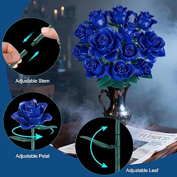 Flowers Bouquet Building Set, 634 PCS Adjustable Leaves & Petals, DIY Artificial Blue Roses Block Kit for Kids Birthday Christmas, Adults Valentine’s Day, Her or Him