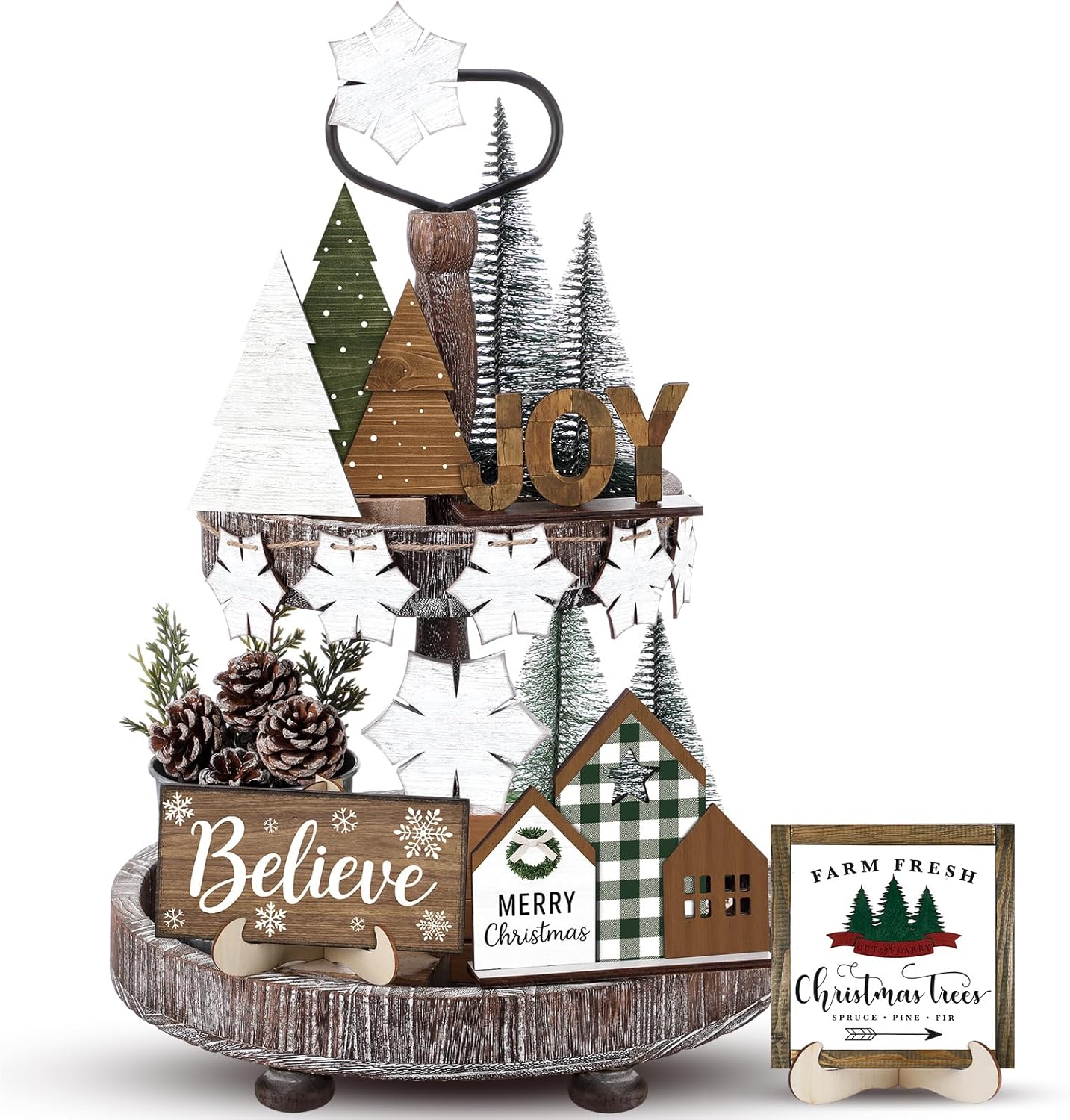 20 Pcs Neutral Christmas Tiered Tray Decor Set Vintage Plaid Snowflake Xmas Tree Wood Sign Rustic Farmhouse Tray Decoration Tabletop Sign for Winter Home Kitchen Festival