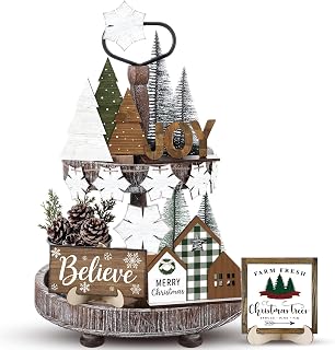 20 Pcs Neutral Christmas Tiered Tray Decor Set Vintage Plaid Snowflake X...