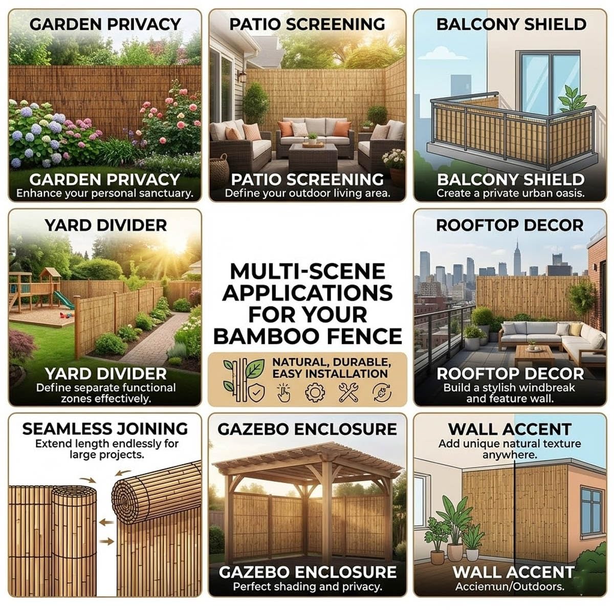 Recinzione Bamboo Esterno Arell in Canna Di Bamboo Naturale Cannette in Canna Di Bambù 30-200cm Canniccio Robusti/Impermeabili/Privacy/Ombreggiante Per Giardino/Piscina/Tetto(Marrone,140x750cm)