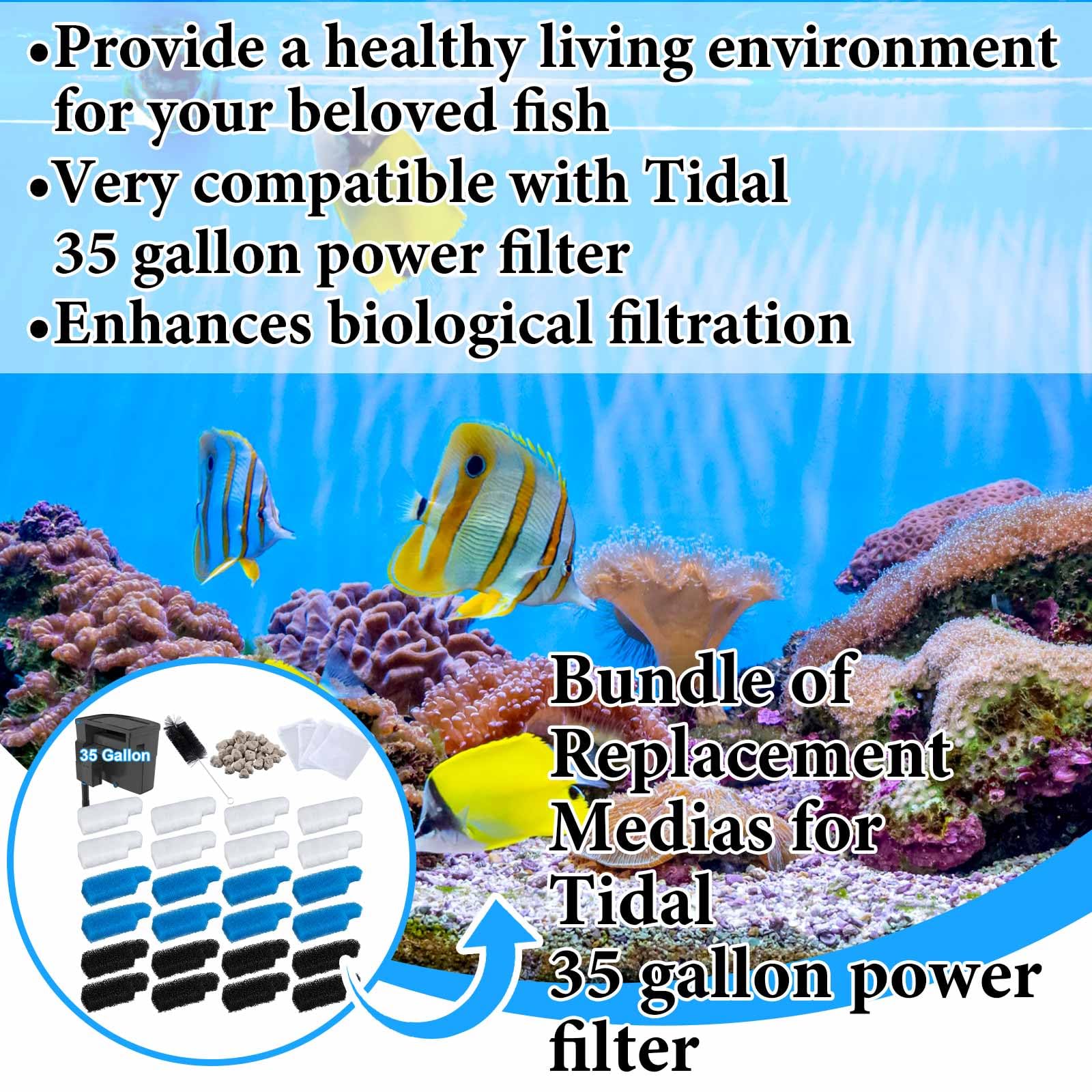 Threlaco Kit di 31 filtri compatibili con filtri elettrici Seachem Tidal da 35 galloni, spugna di ricambio per acquario a tre fasi, tampone a carbone attivo, supporti biologici con sacchetti a rete e