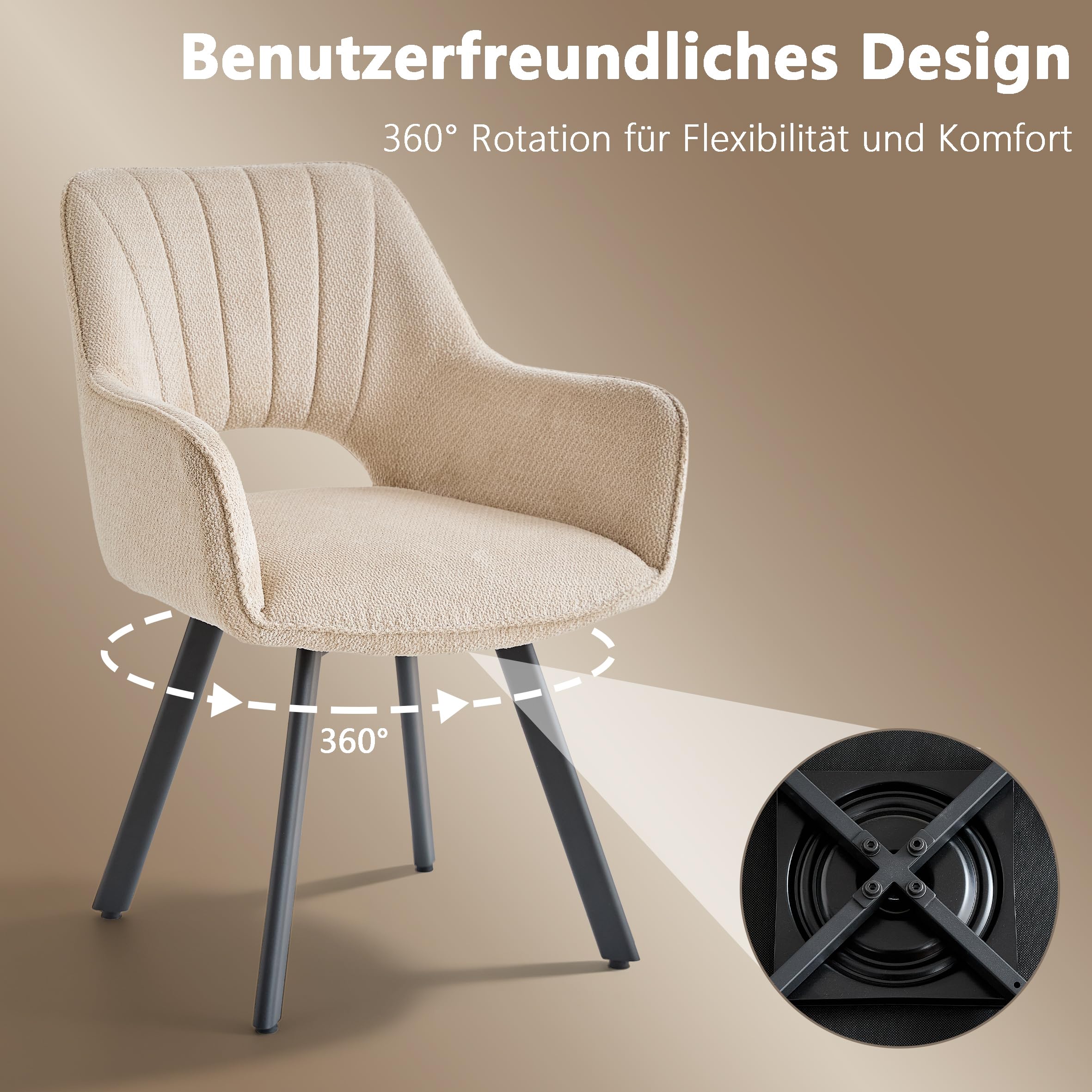 GrandCA HOME Juego de 2 sillas de Comedor giratorias 360° con reposabrazos, tapicería de Lino, Estilo Moderno, Patas de Metal, para Comedor, Sala de Estar u Oficina - Caqui