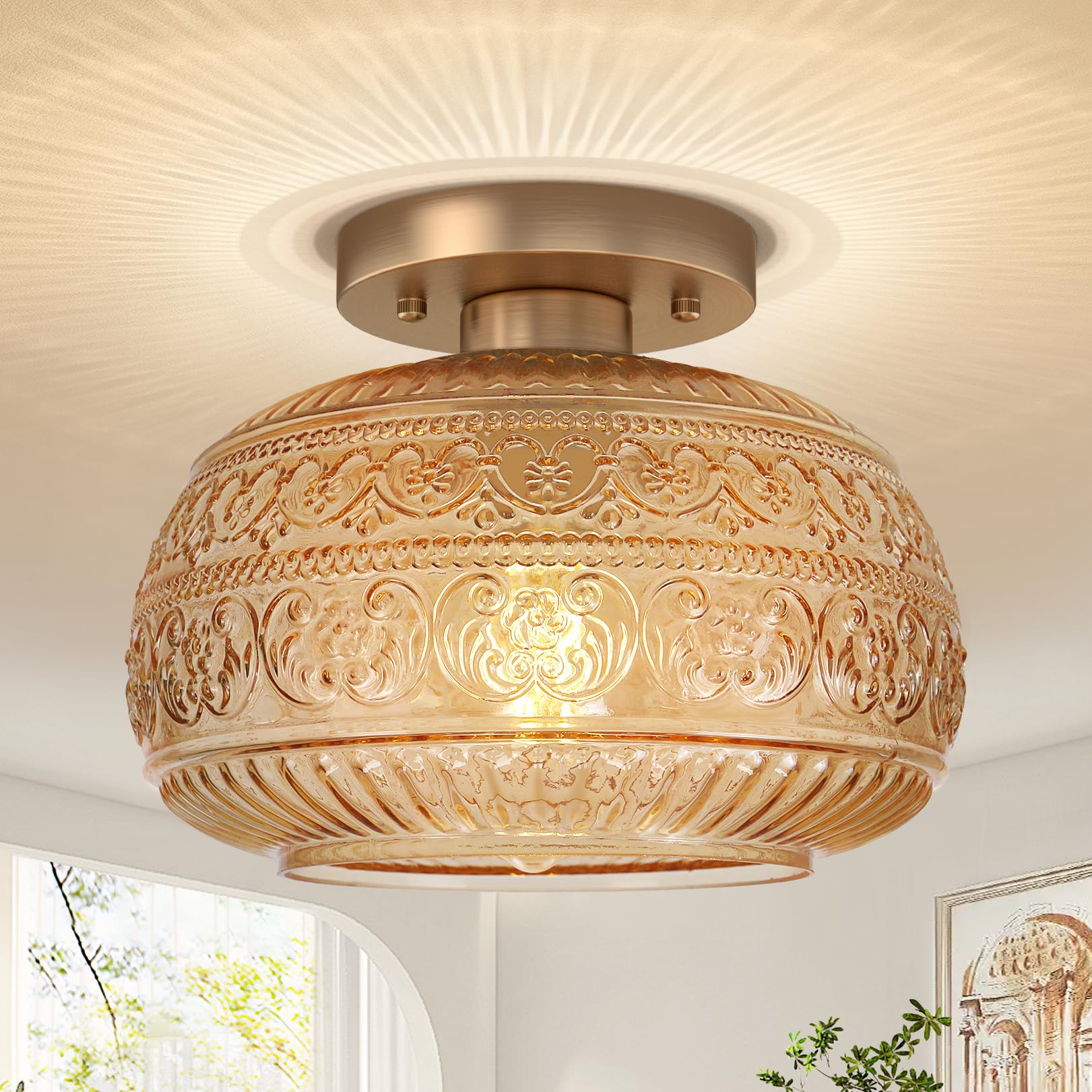 Semi Flush Mount Ceiling Light Upgraded Modern Close to Ceiling Light Fixture with Amber Glass Gold Indoor Kitchen