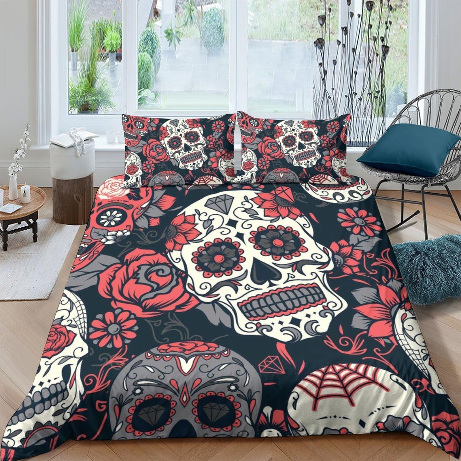 Ctjqhvkz Style-1 3D Printed Sugar Skull Fitted Sheet Microfiber Red Floral Mattress Cover For Bedroom Decor Dorm Easy Care Single（135X200cm）