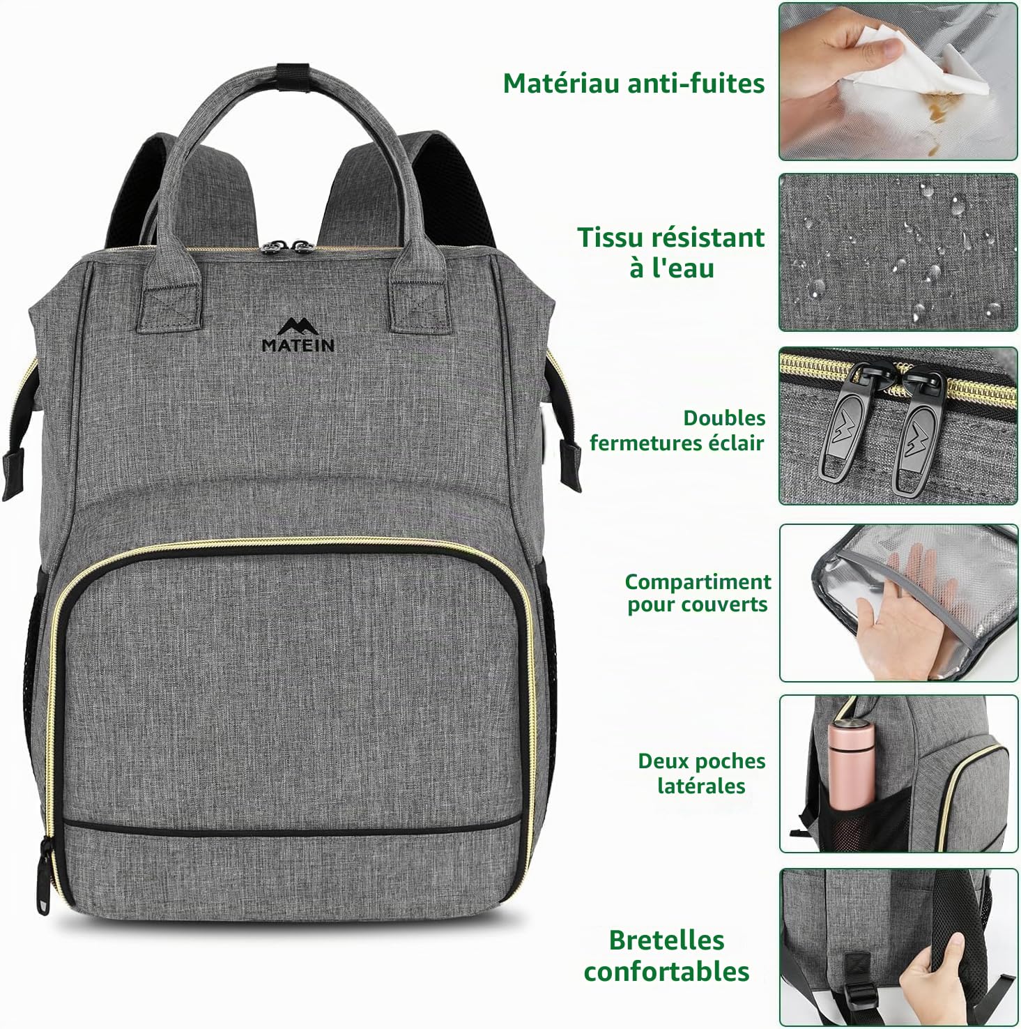 MATEIN Sac à Dos Isotherme Repas 15,6 Pouces Ordinateur Femme Homme Voyage Imperméable Gris