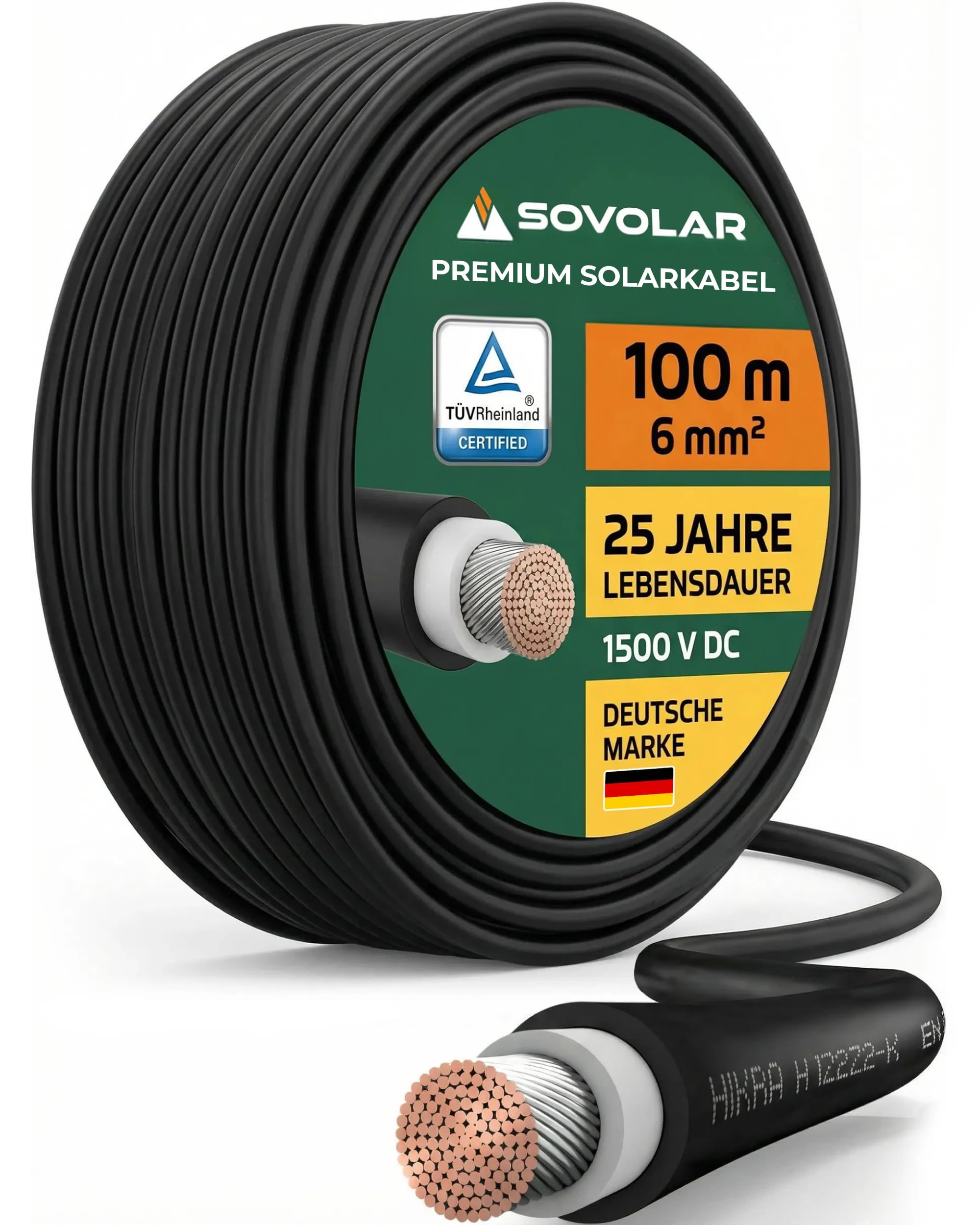 Sovolar Solarkabel 6mm2 100m Rolle Schwarz – H1Z2Z2-K PV Kabel, TÜV zertifiziert, UV-beständig nach EN 50618 für Photovoltaik – 0% MwSt gemäß §12 Abs. 3 UStG