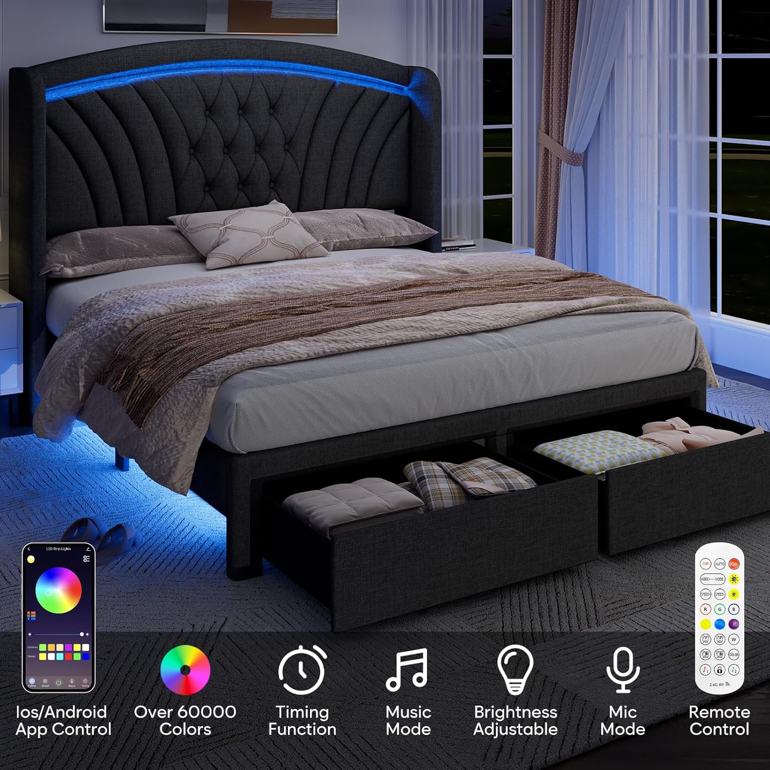 Upholstered Full Size Bed Frame with 2 Storage Drawers Wingback Headboard LED Bed Frame Solid Wooden Slats Support No Box Spring Needed