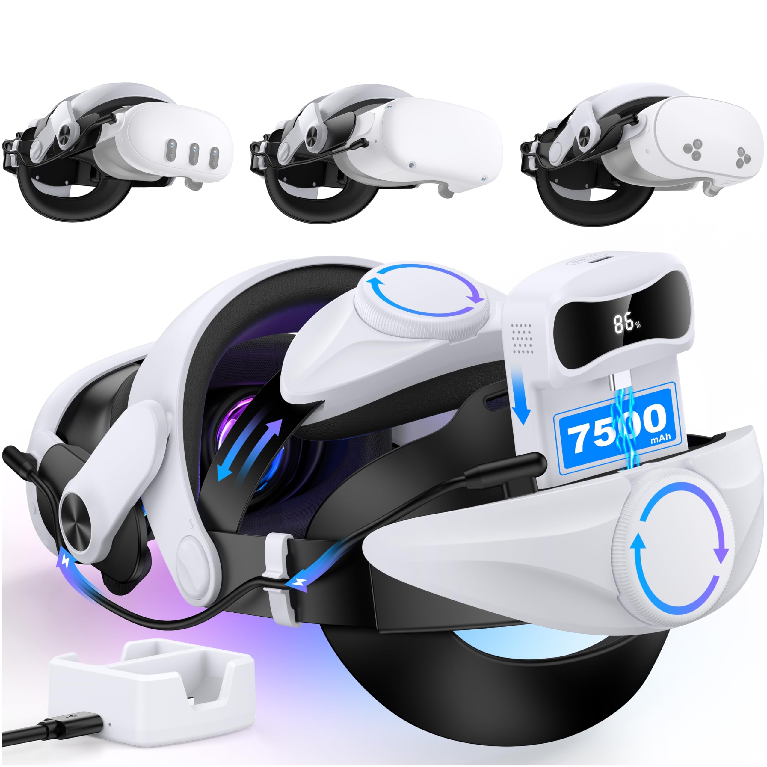 CoguyTech VR Headstrap für Meta Quest 2/3/3S,Head Strap für Meta Quest 3 Elite Strap mit mit 7500mAh Akku und Ladestation, Ersatz-Komfort-Elite Strap VR Zubehör, Reduziert Gesichtsstress, MQ3001