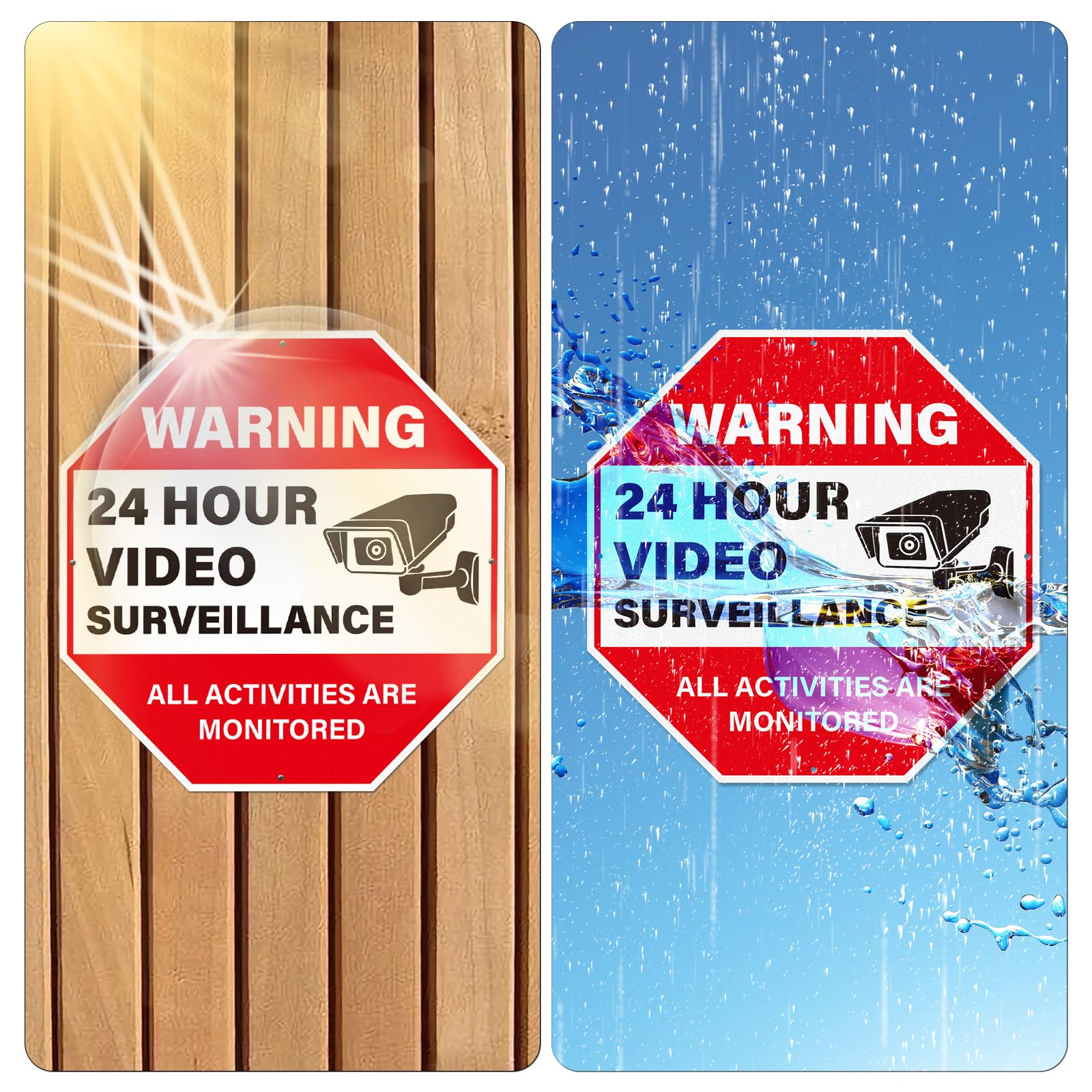 Paquete de 4 señales de advertencia de videovigilancia de 24 horas, todas las actividades están monitoreadas, 12 x 12 pulgadas, de aluminio resistente, reflectante, impermeable, señalización