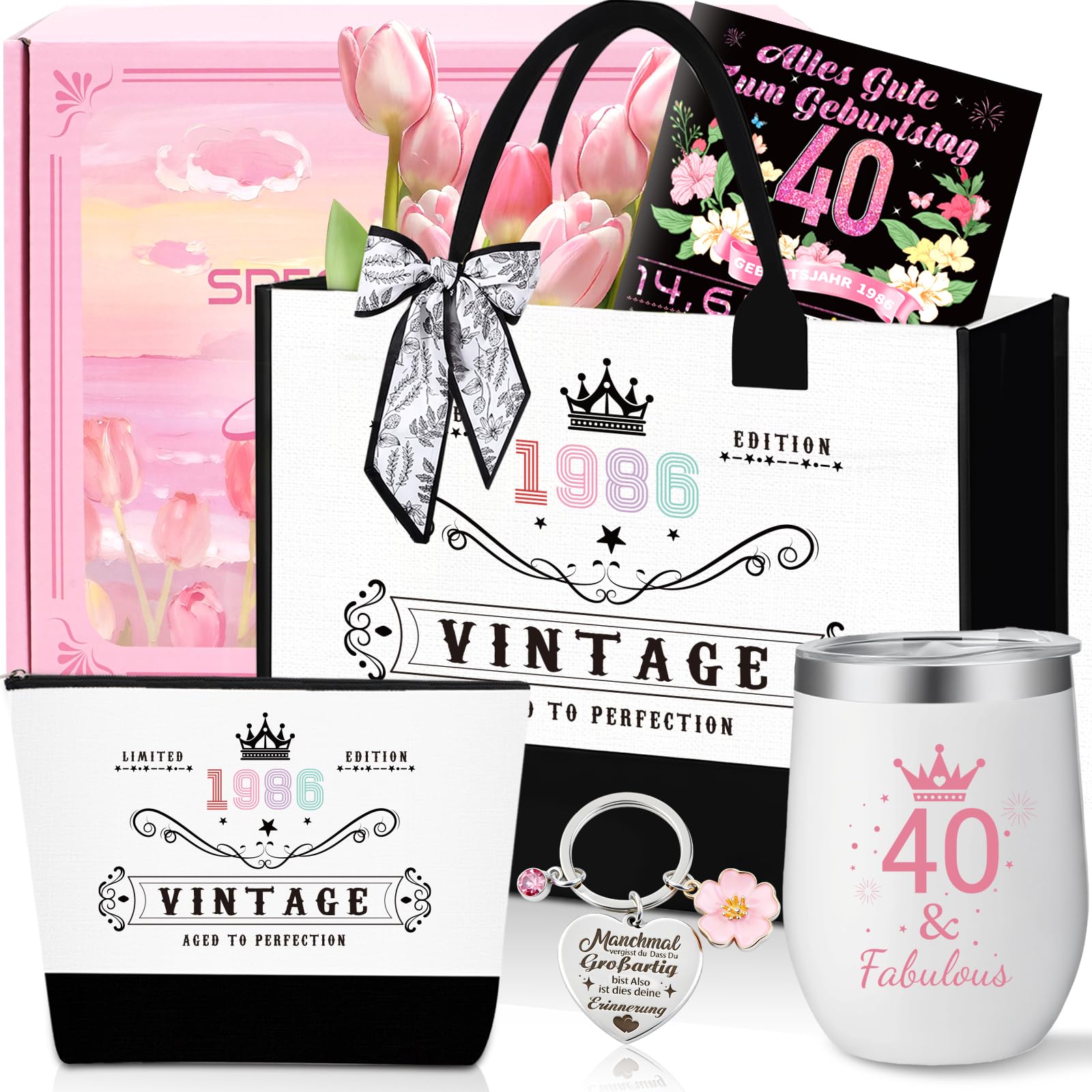 40.Geburtstag Geschenk Frau,Vintage 1986 Canvas Einkaufstasche Tragetasche Kosmetiktasche 7 Set mit Becher Strohhalm Grußkarte,40. Geburtstagsgeschenk für Mama, Freundin, Kollegin oder Schwester