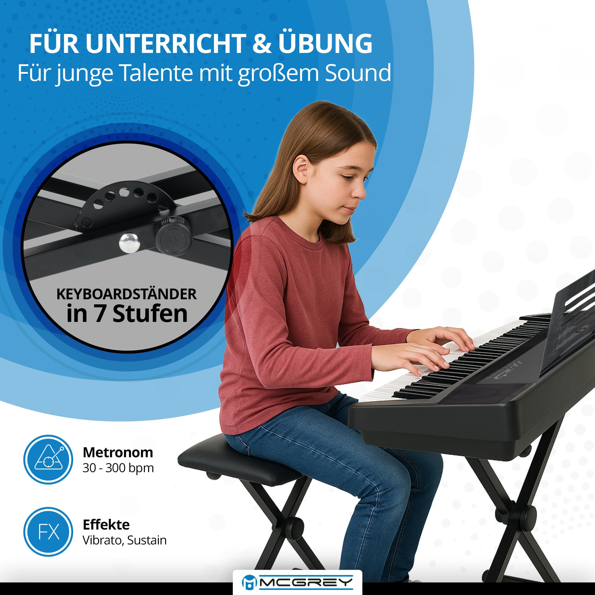 McGrey SK-88 Keyboard Super Kit Trolly Set - Einsteiger-Keyboard in Stagepiano-Optik mit 88 Tasten - 146 Klänge - inklusive Sustain-Pedal, Keyboardständer, Hocker und Kopfhörer - schwarz