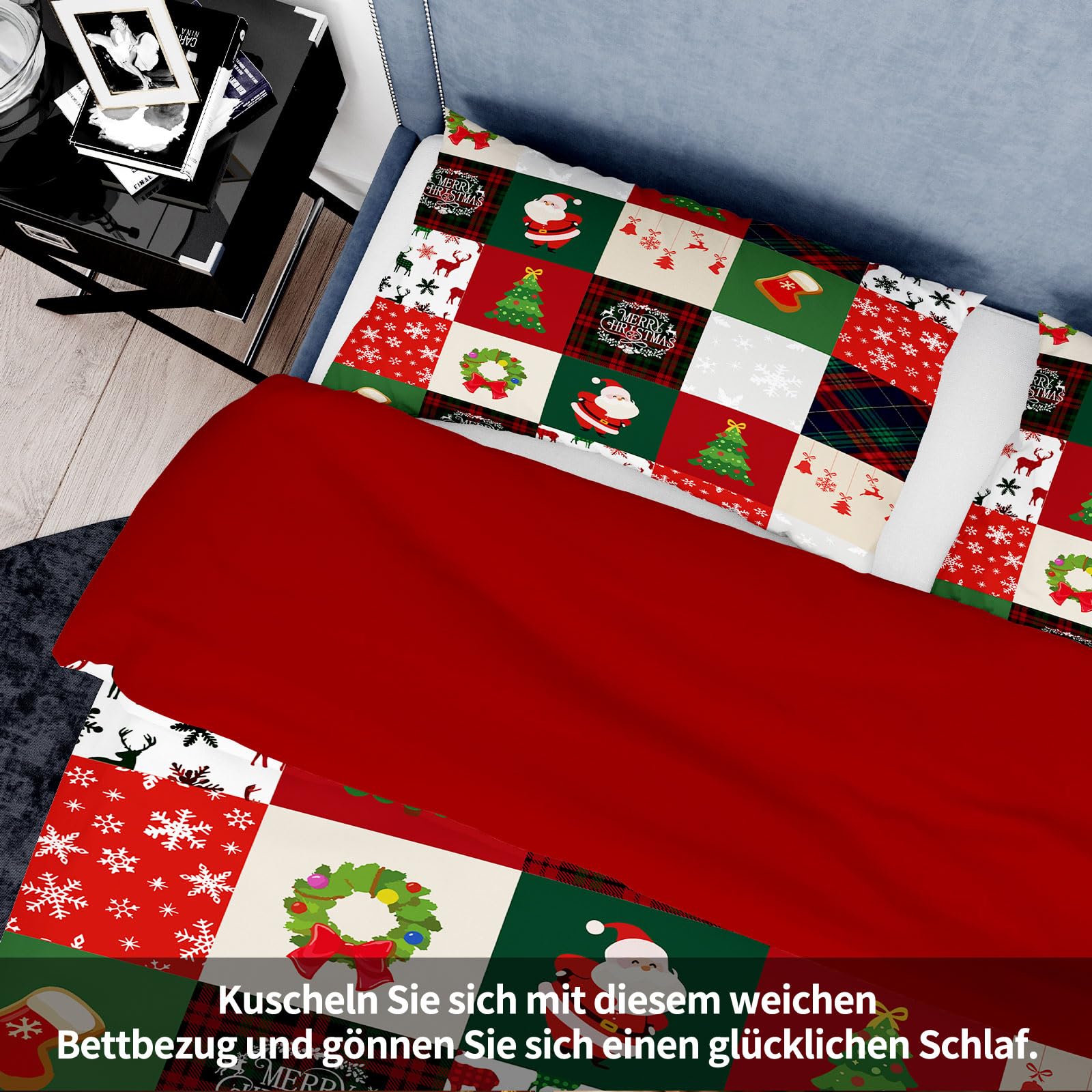 Copripiumino Natalizio Matrimoniale 200x200cm, set di biancheria da letto natalizia 3D con 2 federe, Babbo Natale, albero di Natale, cervo, regalo di Natala per bambini e adolescenti (F, 200x200cm)