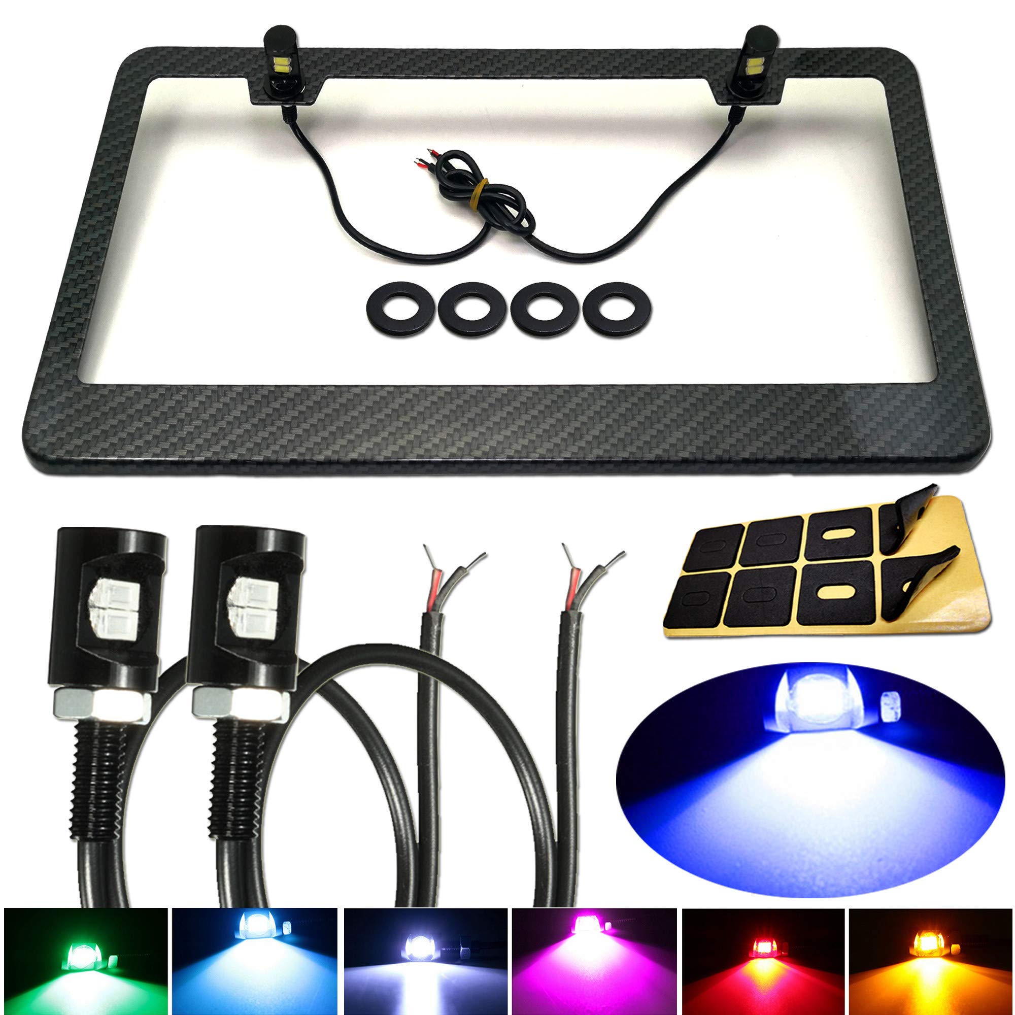 AootfLicense Plate Frame with Light Assembly- 12V Waterproof Tag Plate Screw Bolt Lamp Bulb & Carbon Pattern Aluminum Car Tag Rear Holder Mount Kit for Truck SUV Trailer, 2Pcs Blue LED Light