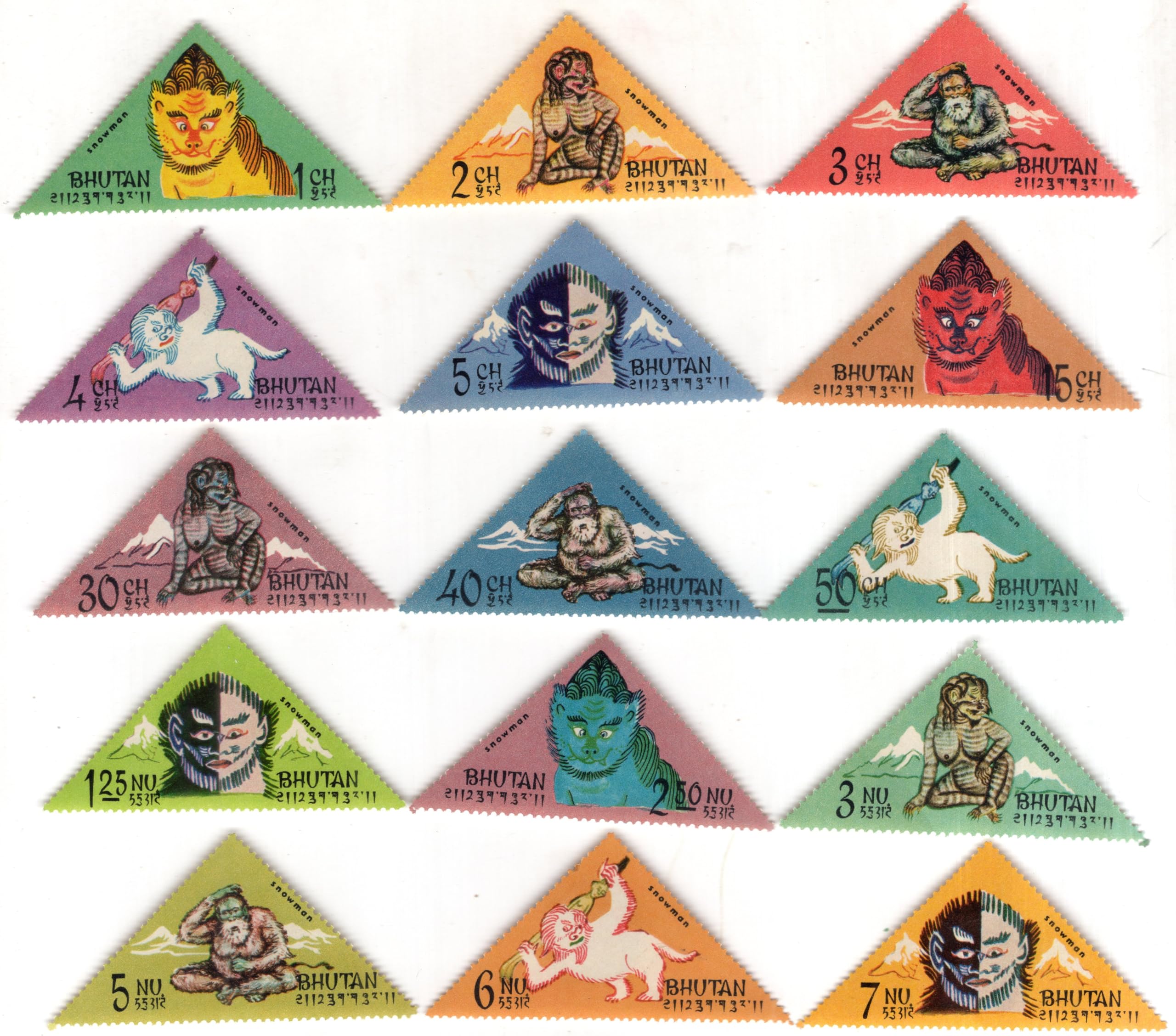 Mahaphila Bhutan 1966 Snowman YETI Complete Set of 15V Odd Shape Triangle MNH Stamps for Stamp Collection Multicolor-image-34