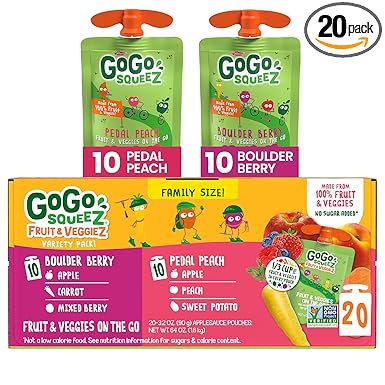 GoGo squeeZ Fruit & veggieZ Applesauce and Puree Variety Pack, Pedal Peach and Boulder Berry, 3.2 oz (Pack of 20), Unsweetened Snacks for Kids, BPA Free Pouches