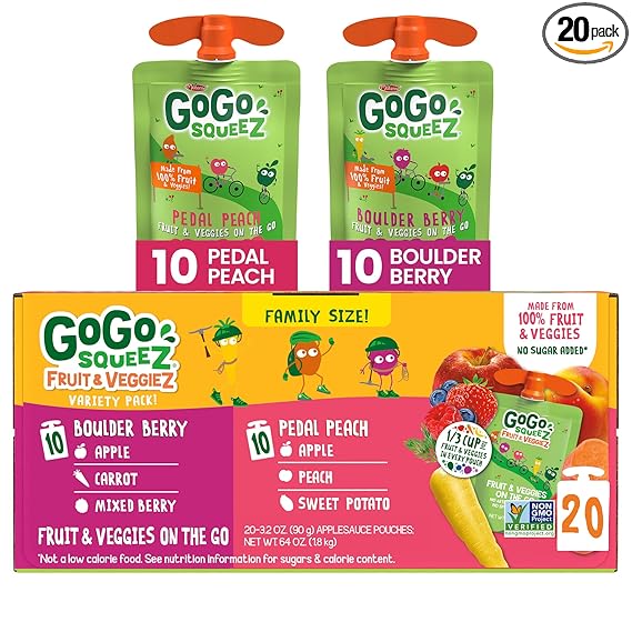 GoGo squeeZ Fruit & veggieZ Applesauce and Puree Variety Pack, Pedal Peach and Boulder Berry, 3.2 oz (Pack of 20), Unsweetened Snacks for Kids, BPA Free Pouches