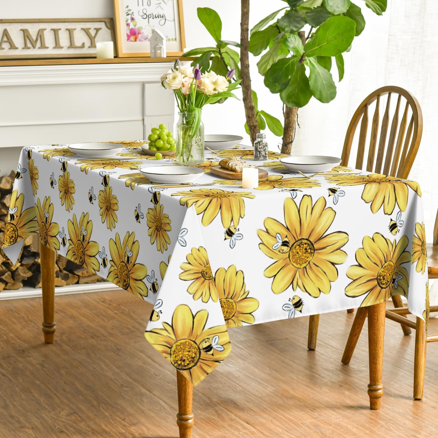 Tovaglia Antimacchia 300x140 cm Rettangolare Fiore Giallo Tovaglie Impermeabile 3 Metri Copritavolo Poliestere Protezione Tavolo Decorazioni per La Casa, per Feste (12-14 Posti) a-4478