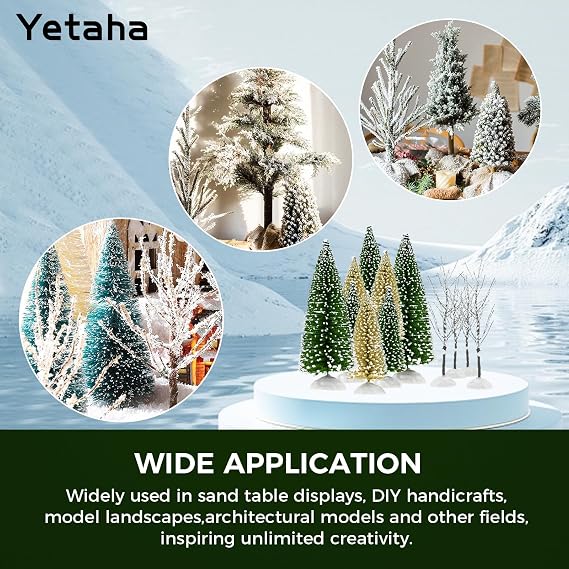 Yetaha 12PCS Mini Mixed Christmas Trees, Small Artificial Frost Trees with Bases, Miniature Green/Yellow Sisal Bottle Brush Tree for Tabletop Christmas Party Decoration DIY Crafts 13/15/18cm