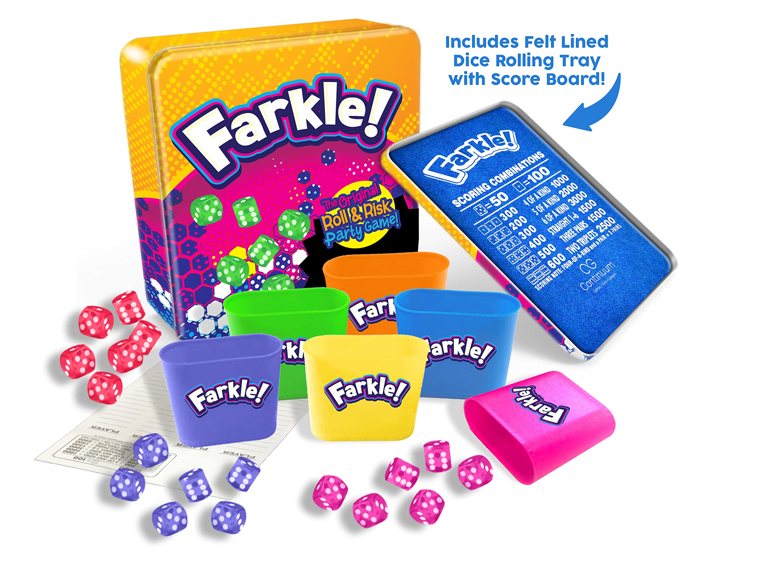Amazon.com: Farkle Deluxe Dice Games Rolling Dice Tray and Party Dice Set  Includes 36 Colorful Dice 6 Rolling Cups Felt Lined Dice Tray and Score  Sheets The Classic Push-Your-Luck Dice Game :