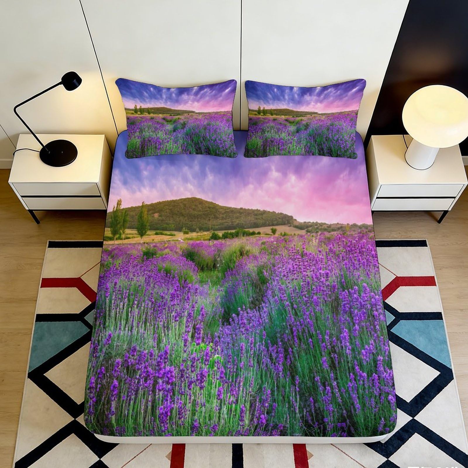3D Printed Lavender Field Fitted Sheet Microfiber Soft Purple Sunset Bed Cover for Bedroom Guest Room Decor 90x200x25cm