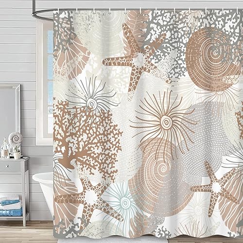 Miniatura 13 de Cortina de ducha náutica costera, cortina de baño con temática de playa oceánica, estrella de mar y coral, decoración de baño, tela impermeable
