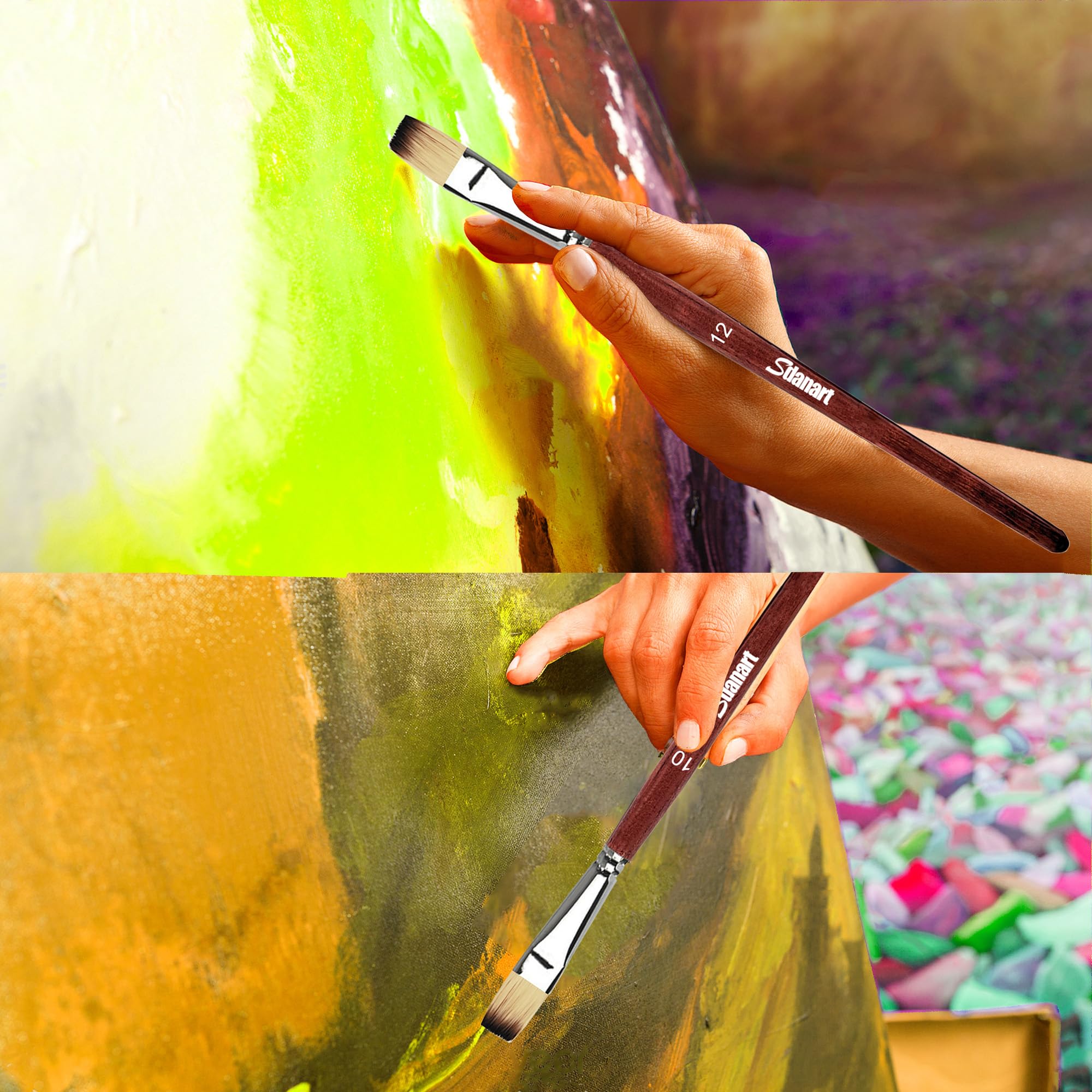 Sdanart 12 pinceles de acuarela profesionales, 6 pinceles planos y 6 pinceles en ángulo para acuarelas, acrílicos, óleo, gouache, tinta, pinceles de diferentes tamaños, perfectos para artistas y