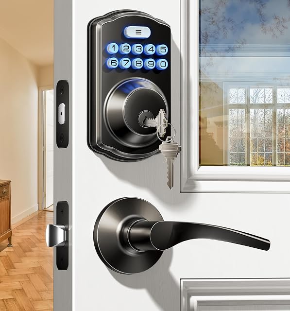 Veise Keyless Entry Door Lock with 2 Lever Handles - Electronic Keypad Deadbolt, Easy Installation Digital Smart Front Door Lock Set, Matte Black