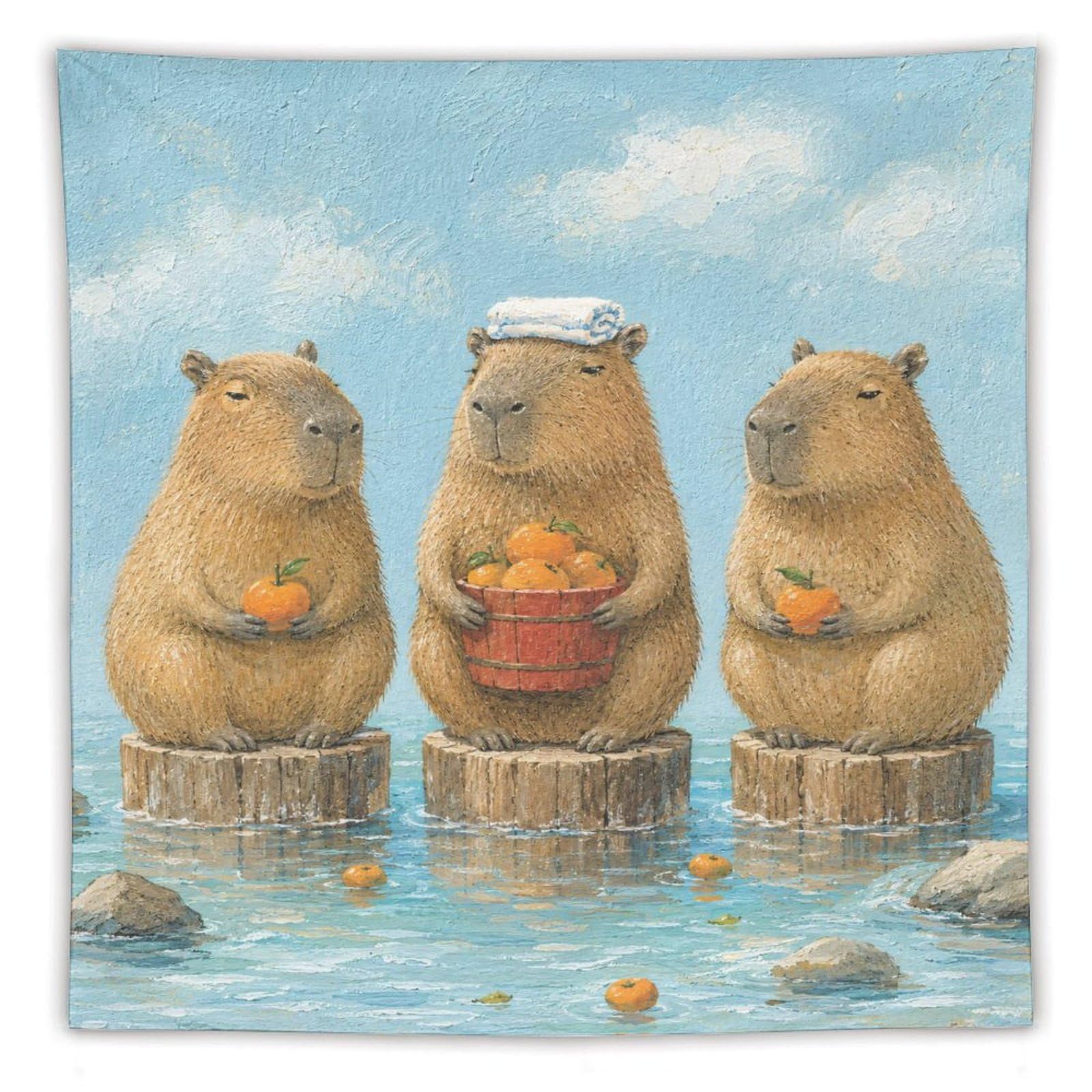 H3B8U2Y5 Capybara Trio with Fruit Wall Tapestry, Watercolor Style, Entryway