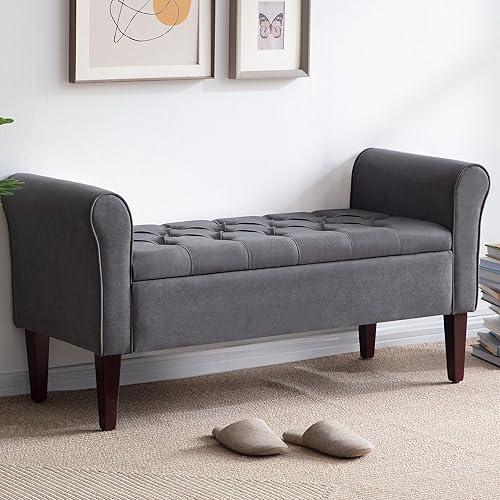 Miniatura 75 de HUIMO Banco de almacenamiento de 48 pulgadas, otomana de almacenamiento con brazos con patas de madera maciza de 7.5 pulgadas, banco de pie de cama