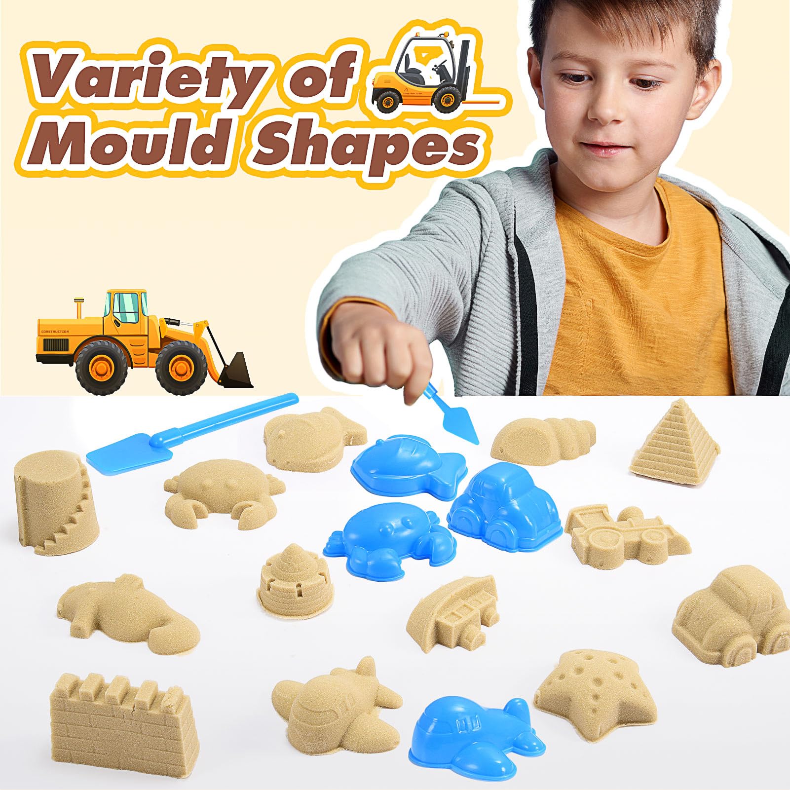 Geebiiny Sabbia Cinetica Bambini, Giochi Bambini 3-10 Anni Trattore Escavatore Betoniera Gru Giocattolo per Bambini Regalo Bambini 3 4 5 6 7 8 Anni Sabbia Magica Sabbiera per Bambini