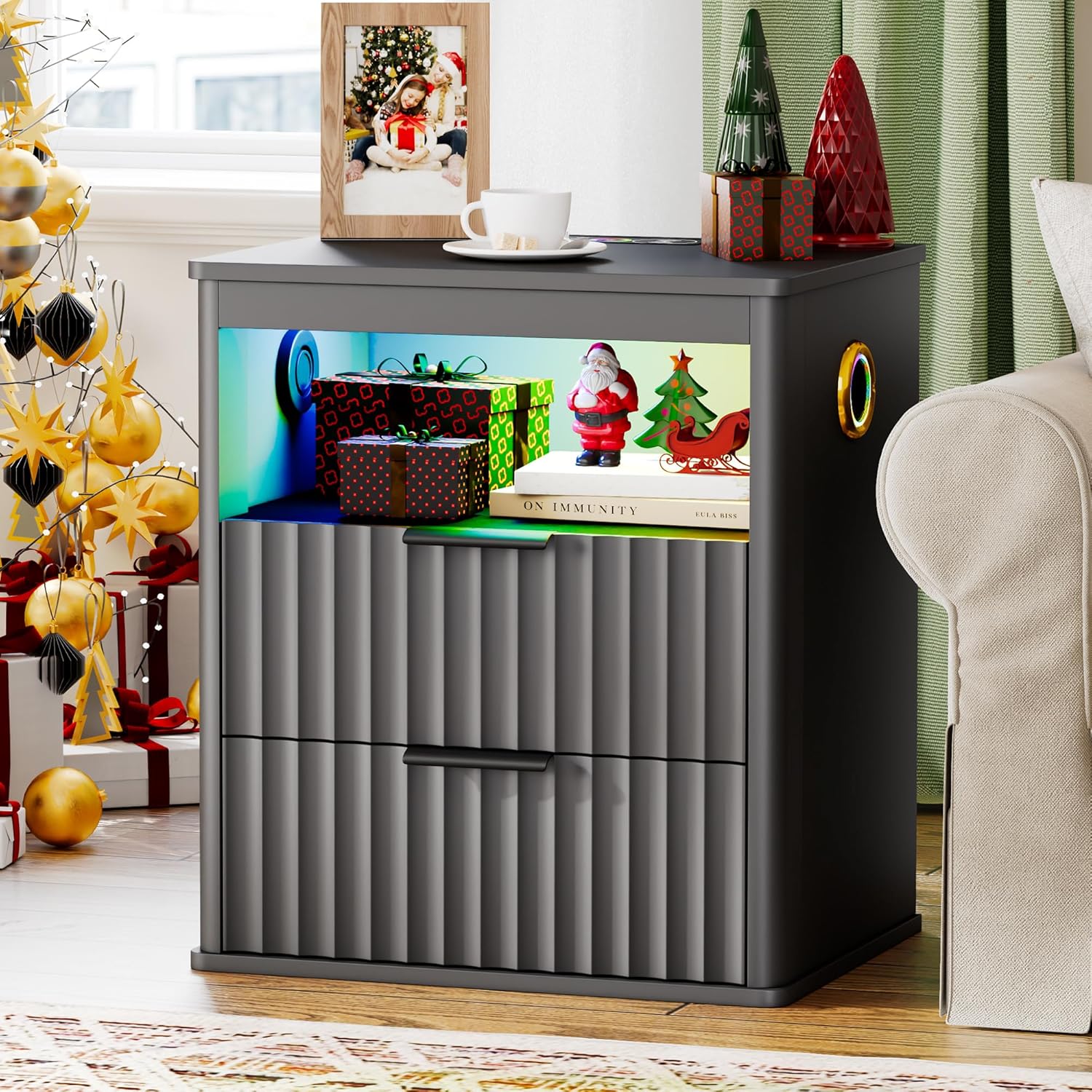 Lvifur Fluted Night Stand - with Bluetooth Speaker,Smart Bedside Table with Charging Station,LED End Tabe with Human Sensor Lights,RGB Nightstand w/ 2 Drawer,Bedroom,Grey