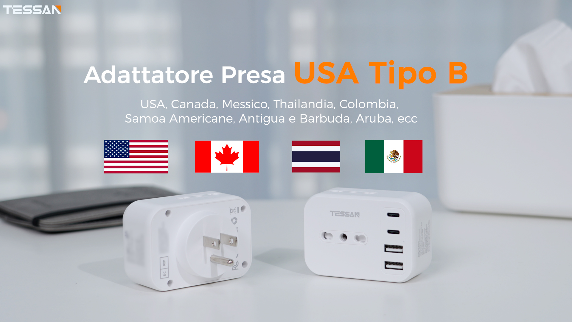 Adattatore presa Americana Italiana, 5 in 1 Adattatore da Viaggio USA,con 2 USB A e 2 USB C, 3750W, Tipo B Adattatore Presa USA per America, Canada, Messico,Thailandia