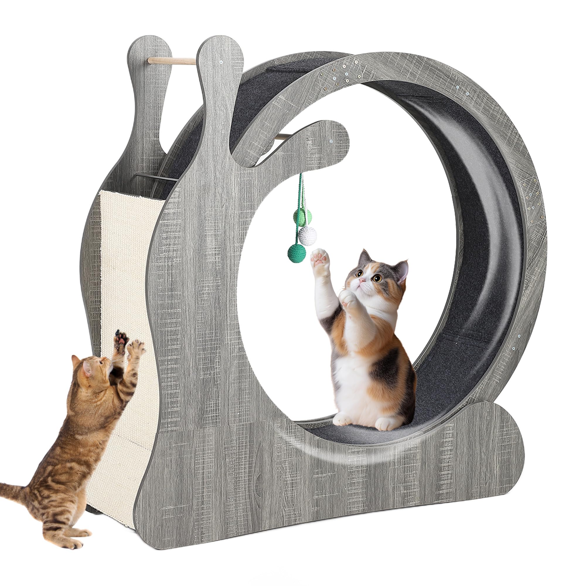 Leises Katzenlaufrad aus Holz für Wohnungskatzen, Katzenrad Ø 95cm mit Sisal-Kratzbrett, Herausnehmbarem Teppich & Spielbällen, Anti-Rutsch, Fördert Fitness & Abnehmen für Große Katzen, Grau