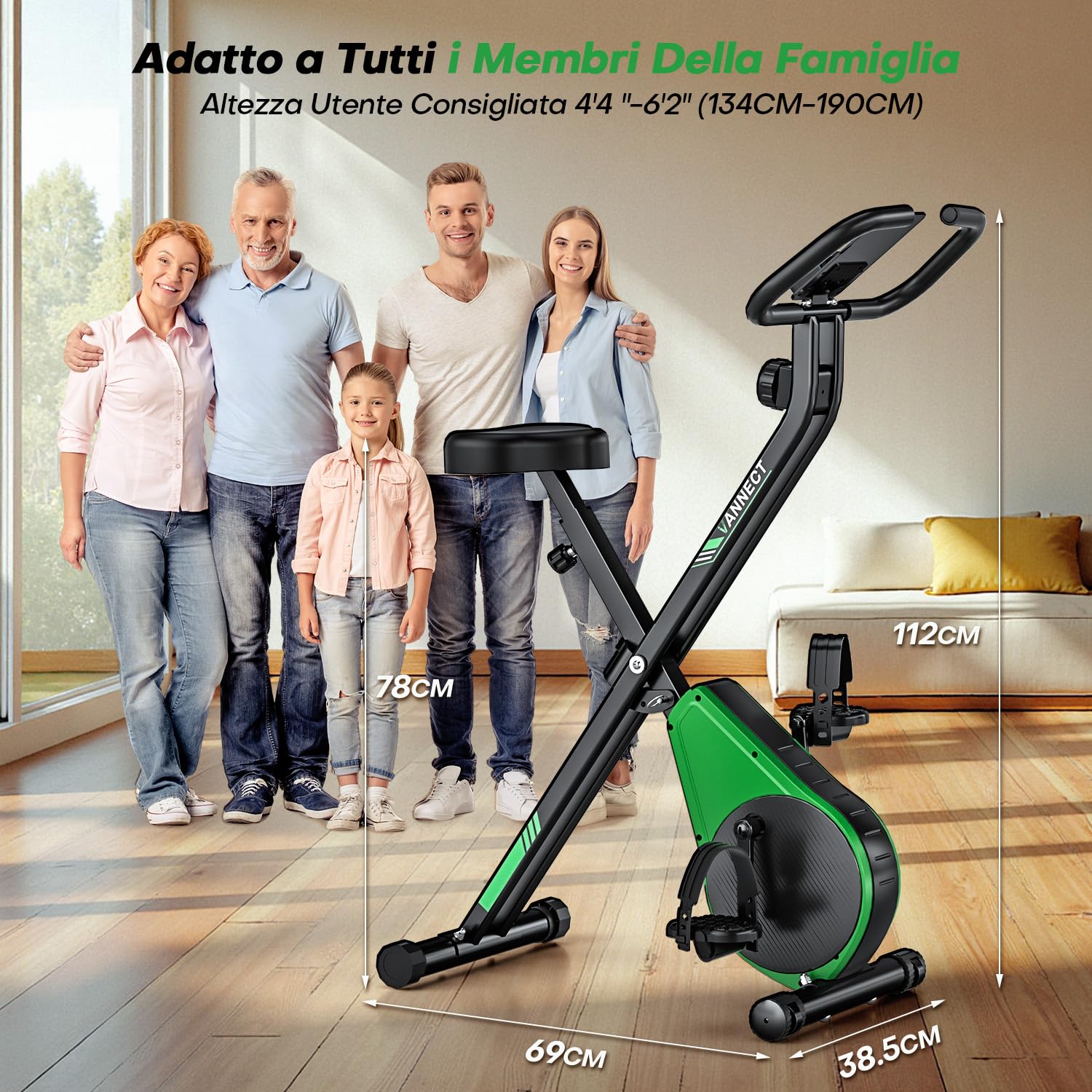 VANNECT Cyclette Pieghevole 3 in 1, Cyclette da Casa con 16 Livelli di Resistenza, Monitor LCD con Misuratore Frequenza Cardiaca, Ergometro Pieghevole con Sedile di Comfort per Casa e Ufficio 150KG