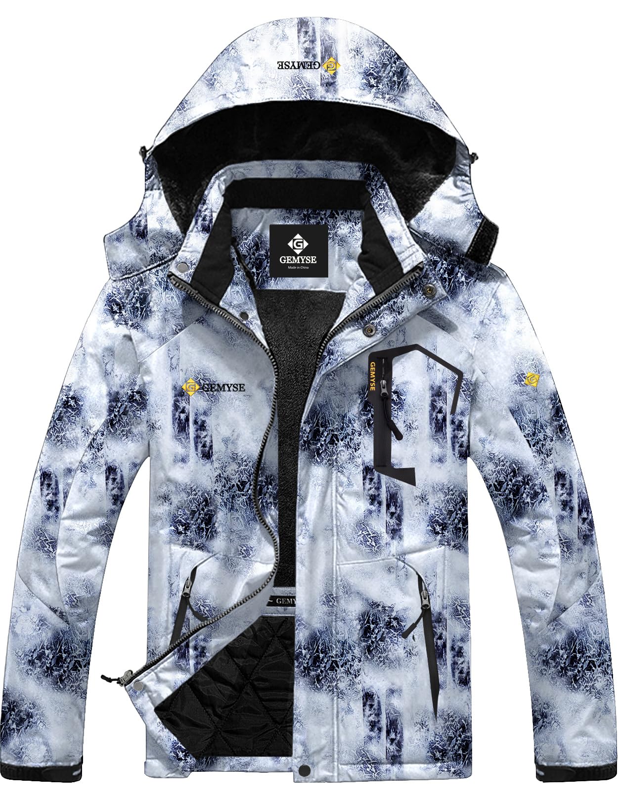 GEMYSE Men's Mountain Waterproof Ski Snow Jacket Winter Windproof Rain Jacket Black and White Printing Small