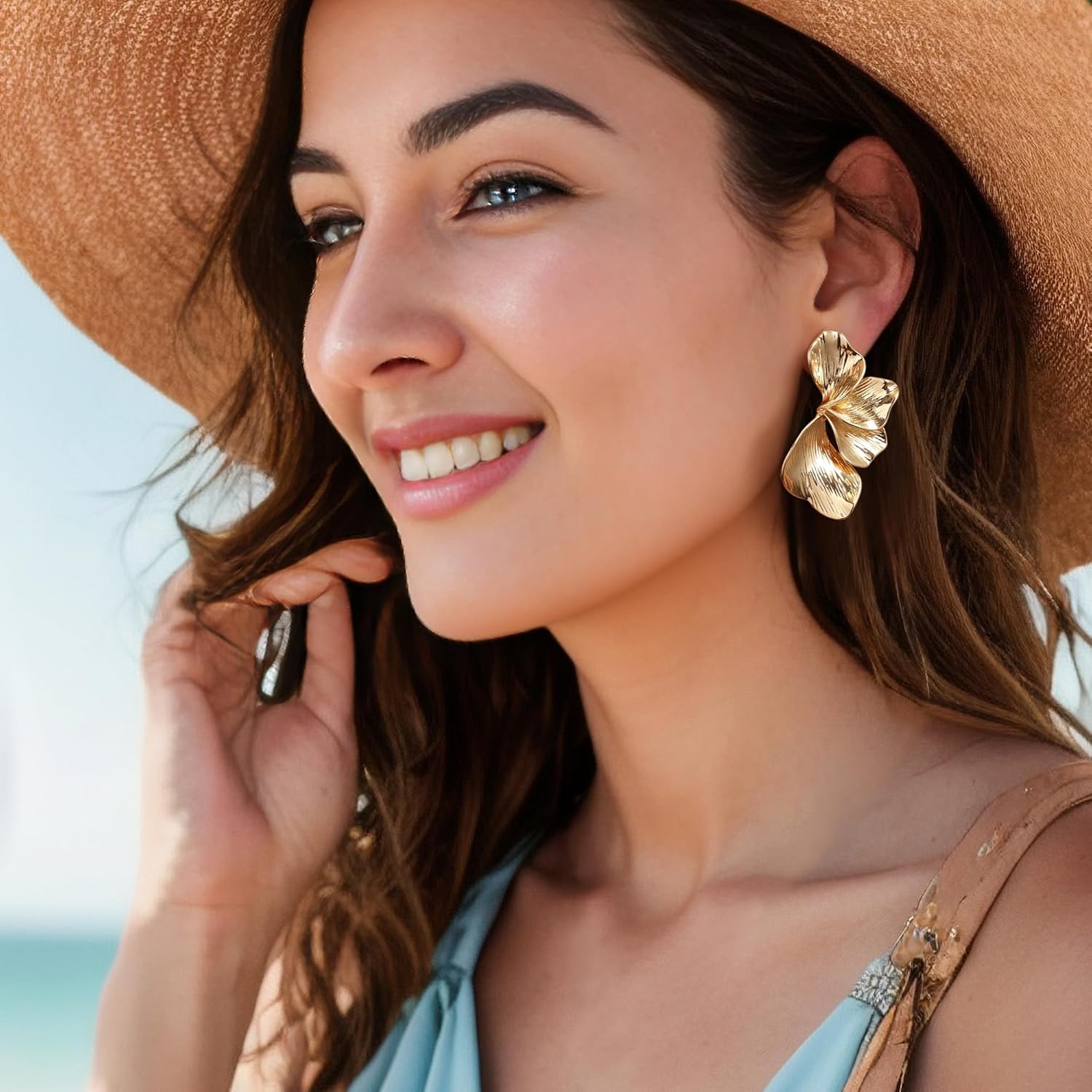 Flyonce Gold Silver Flower Earrings for Women, Fashion Chunky Statement Tropical Floral Petal Stud Earring Hypoallergenic Summer Boho Jewelry for Beach Holiday Wedding Formal Party - Image 3