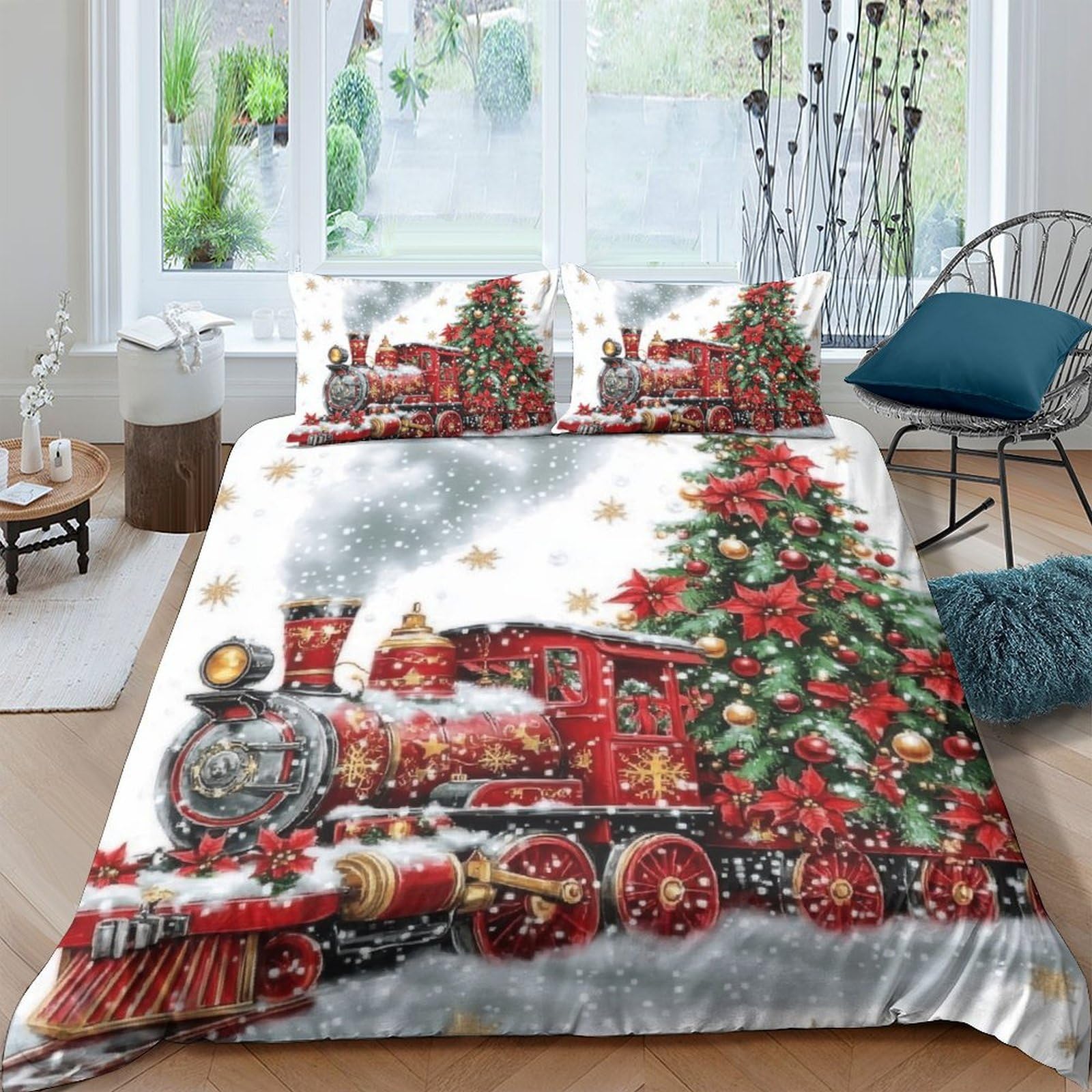 Ctjqhvkz Style-9 3D Printed Christmas Train Fitted Sheet Microfiber Red Festive Tree Bed Cover For Bedroom Guest Room Decor Single（135X200cm）