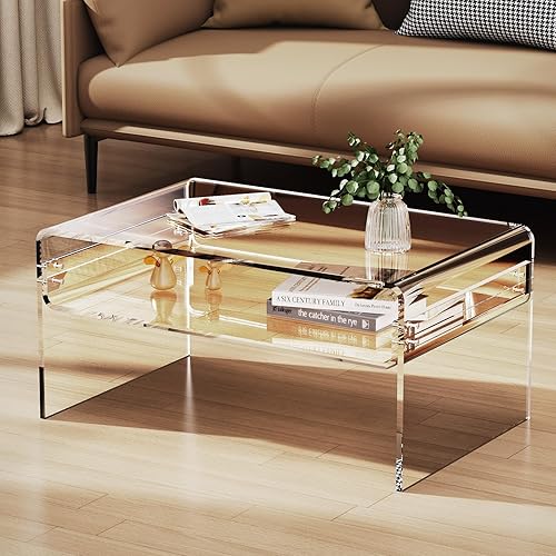 Miniatura 8 de Acrylic Coffee Table for Living Room Clear Rectangle Lucite Table with Open Storage Shelf, Clear Transparente,Marrón