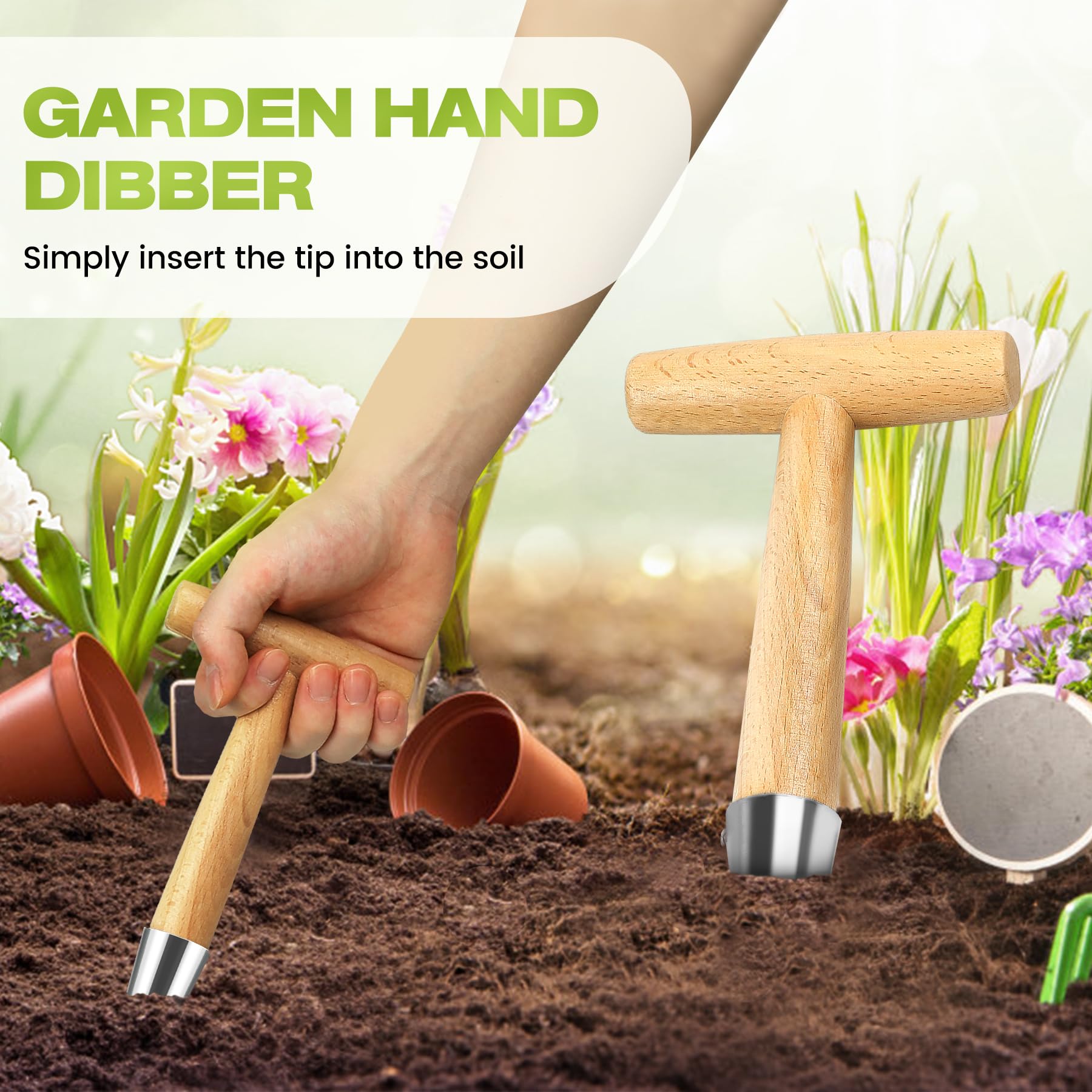 Pianta Bulbi - Dibber con Manico in Legno Massiccio e Punta in Acciaio Inox,Attrezzi da Giardino Ideale per Piantare